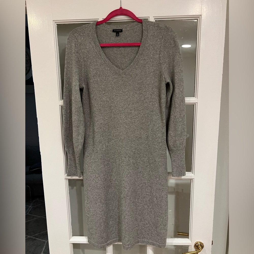 Talbots Sweater Dress, Size S, v-neck, below the knee length, silver gray